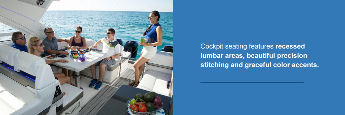 Cockpit seating features recessed lumbar areas, beautiful precision stitching and graceful color accents.