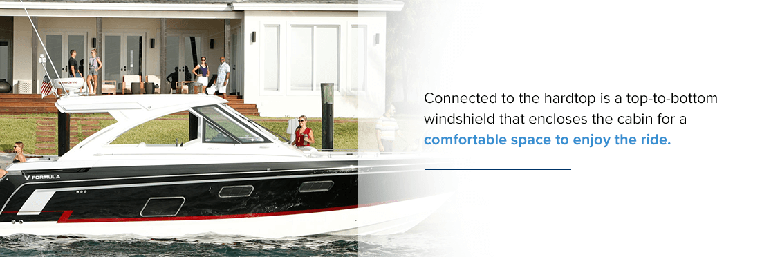 Connected to the hardtop is a top-to-bottom windshield that encloses the cabin for a comfortable space to enjoy the ride.
